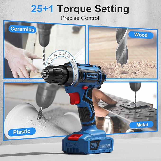 Cordless Drill Set, 20V Power Drill with Battery 2.0Ah and Charger, 3/8-Inch Keyless Chuck Electric Drill, 25+1 Torque, 42pcs Drill Driver Bits/Screws for DIY Projects (Blue)