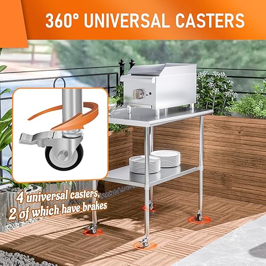 Stainless Steel Prep & Work Table with Adjustable Shelf, with Backsplash and Wheels, Kitchen Island, Commercial Workstations, Utility Table in Kitchen Garage Laundry Room Outdoor BBQ, 30" X 36"
