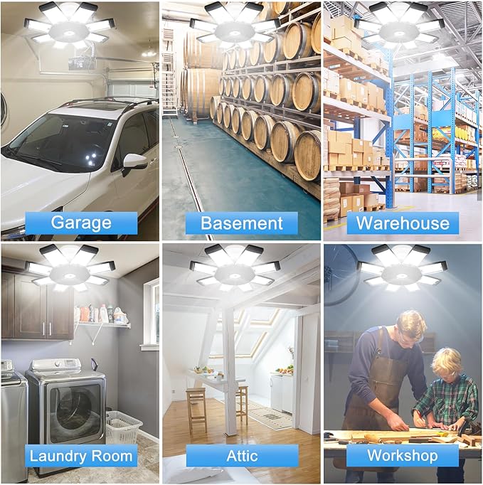2-Pack LED Garage Lights, 250W Garage Light, 25000LM Garage Lights Ceiling Led Bulb with 8+1 Adjustable Panels, Garage Led Light Fixtures, LED Shop Light for Basement Workshop Attic (8+1P 2Pack)