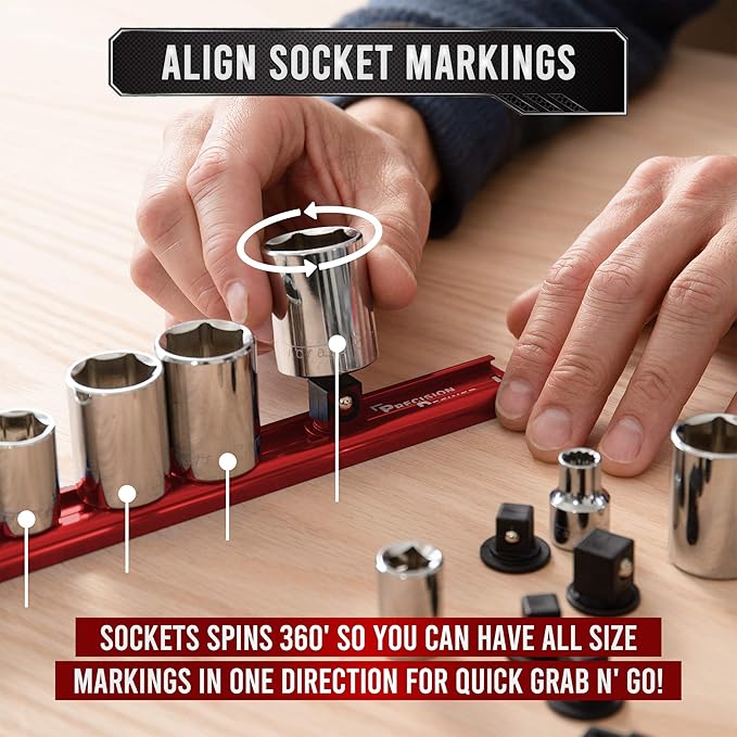 Precision Defined Aluminum Tool Socket Holder | Red, Single 1/4-Inch Socket Organizer x 16 Clips | Heavy Duty Socket Rails Organizer, Socket Storage, Socket Tray 360 Rotation