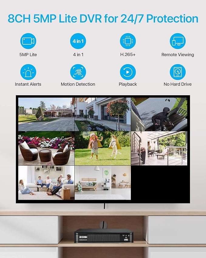 ZOSI 1080p HD-TVI Home Surveillance Camera System,8 Channel CCTV DVR Recorder (No Hard Drive) and (8) 2.0MP 1920TVL Outdoor/Indoor Surveillance Bullet Dome Cameras,Remote Access,Motion Detection