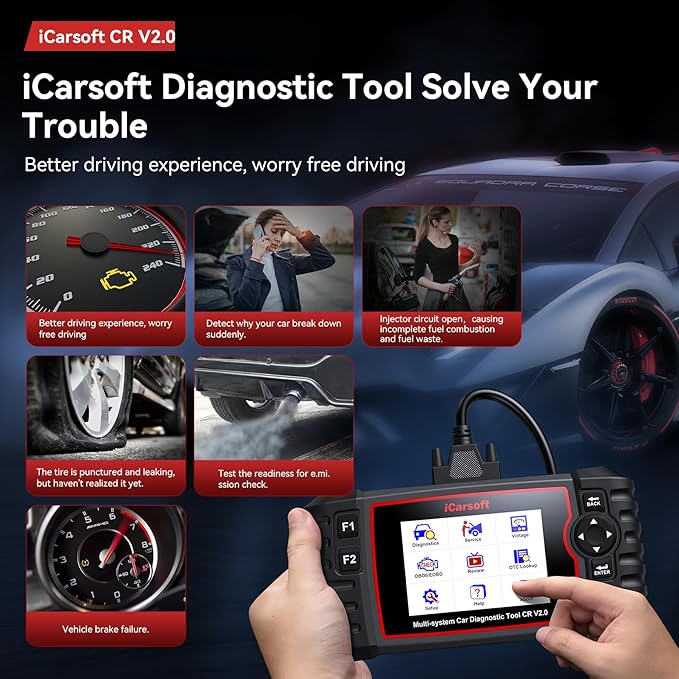 iCarsoft CR V2.0 OBD2 Scanner for Porsche/BMW/VAG/Volvo,etc,8 Resets/Full Systems/Battery Reset, Auto Diagnostic Tool ABS SRS SAS Transmission Code Reader, 118 Live Data Check Engine Light Scan Tool