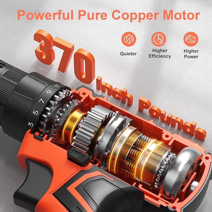 Cordless Drill Set, 20V Power Drill with Battery 2.0Ah and Charger, 3/8-Inch Keyless Chuck Electric Drill, 25+1 Position, 42pcs Drill Driver Bits/Screws for DIY Projects (Orange)