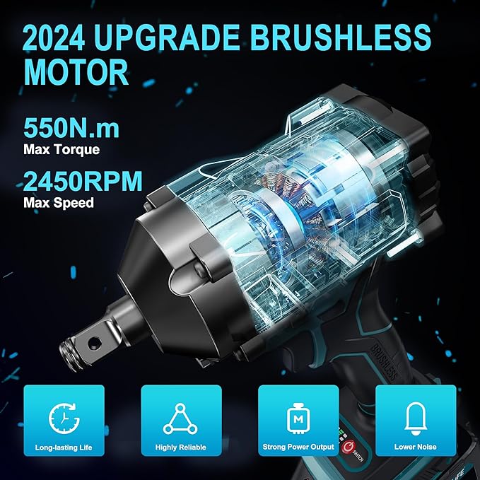 550N.m/400Ft-lbs Brushless Impact Wrench,1/2" Cordless Impact Gun w/ 2x3.0Ah Battery & 6 Sockets, 2450RPM Power Electric Impact Driver for Car/DIY Furniture/Lawn Mower, Blue Toolbox
