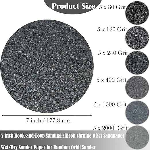 30 PCS 7 Inch Hook-and-Loop Sanding Silicon Carbide Discs Sandpaper - 5 pcs Each of 80 120 240 400 1000 and 2000 Grits Wet/Dry Sander Paper for Random Orbit Sander