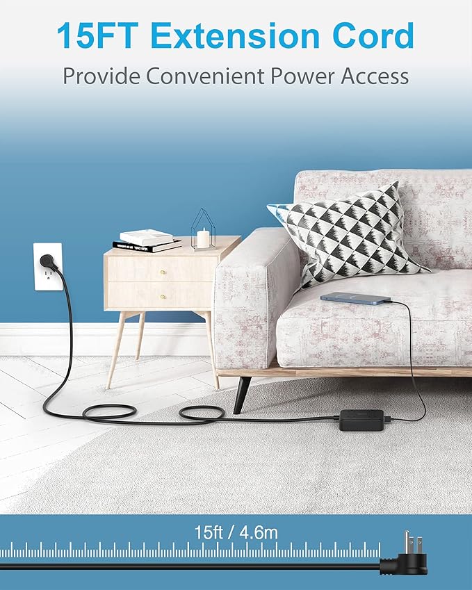 Extension Cord 15 FT, TESSAN Flat Plug Power Strip with Long Cord, 4 Widely Spaced Outlets and 3 USB Ports, Mountable Charging Station for Indoor, Home, Office, School Dorm Room Essentials, Black