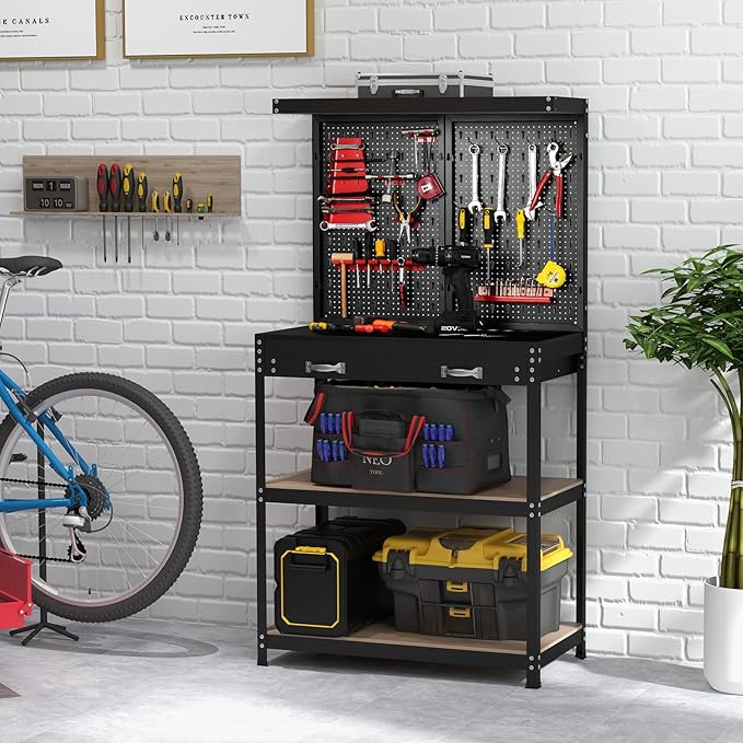 IRONMAX Workbench with Drawers, 32’’ Heavy Duty Workstation Organizer with 14 PCS Hanging Kits, 2 Storage Shelves & Long Drawer, Work Bench Table for Garage, Home, Workshop, Auto Shop, Basement