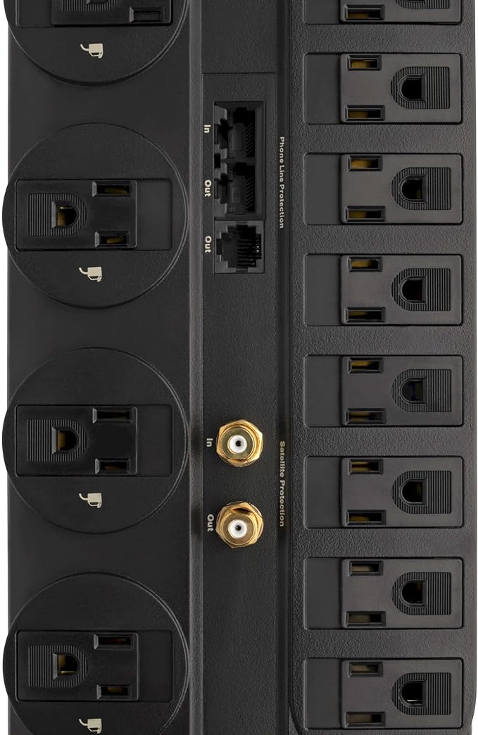 Tripp Lite 12 Outlet Surge Protector Power Strip, 8ft Cord, Right-Angle Plug, Tel/Modem/Coax/Ethernet Protection, RJ11, RJ45, & $250,000 INSURANCE (TLP1208SAT) Black