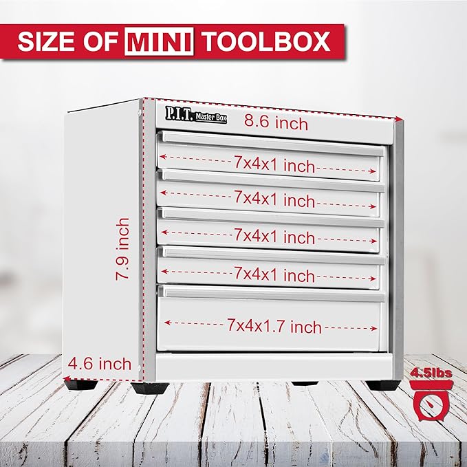 P.I.T. Mini White Tool Box, Portable 5-Drawer Micro Roll Cab Steel Stackable Tool Box with Liner, White Small Tool Case for Tools Storage and Organizers, Home DIY