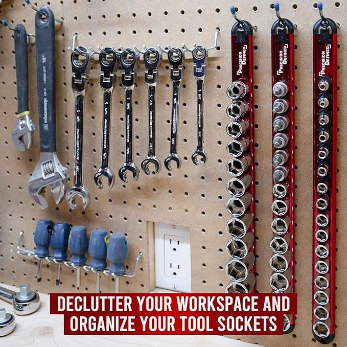 Precision Defined Aluminum Tool Socket Holder 3-Piece Set | Red, 1/4-Inch x 16 Clips, 3/8-Inch x 16 Clips, 1/2-Inch x 14 Clips | 360 Rotation - Heavy Duty Socket Rails Organizer, Socket Storage