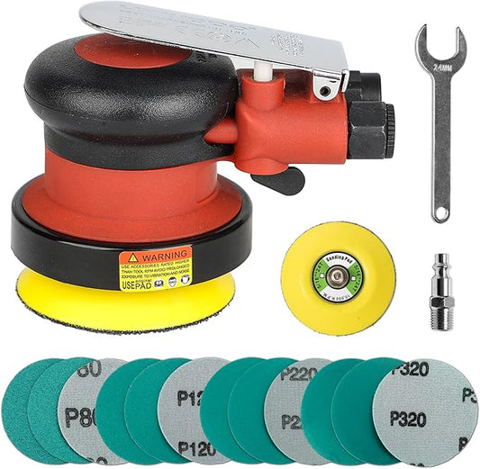 3 inch Mini Palm Air Sander, 3/32 Orbit, MAX12,000 RPM, Random Orbital Pneumatic Polisher with 12 sandpapers and 1 extra hook-loop backing pad (3inch)