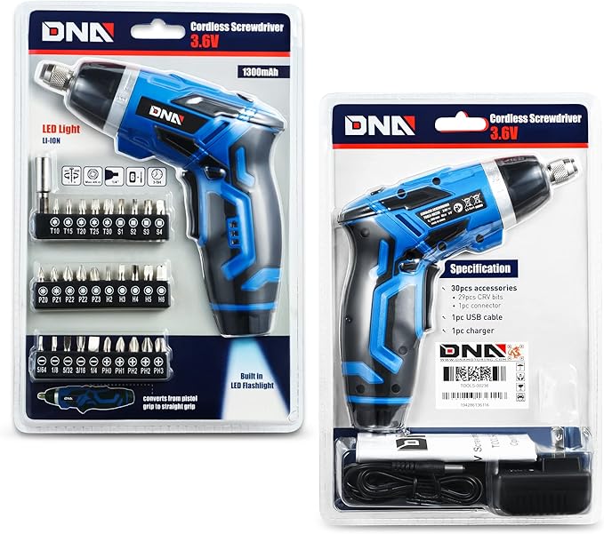 ‎DNA MOTORING TOOLS-00236 Rechargeable 3.6V Cordless Electric Screwdriver Tool Kit with LED Worklight, Blue
