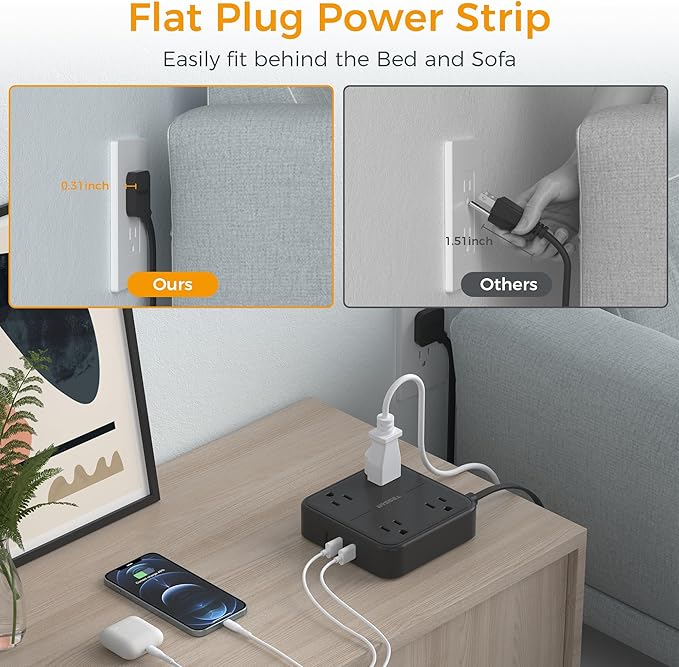 Flat Extension Cord 10 ft, TESSAN Ultra Thin Power Strip, Black Extension Cord with 3 USB Wall Charger(1 USB C Port), 4 Widely Spaced Outlets Compact for Home, Office, Cruise Ship Essentials
