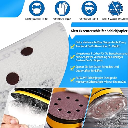 100 Pcs Sanding Discs 5 Inch 8 Holes Hook and Loop 60/80/ 100/120/ 150/180/ 240/320/ 400/600 Grit Assorted for Random Orbital Sander