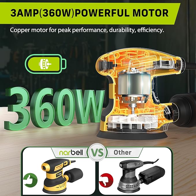 Orbital Sander 3.0AMP(360W),14000RPM Random Orbit Sander Tool with 6 Variable Speeds, 5" Electric Palm Sander Kit with Dust Bag,15pcs Sandpapers for Woodworking & Sanding，Yellow