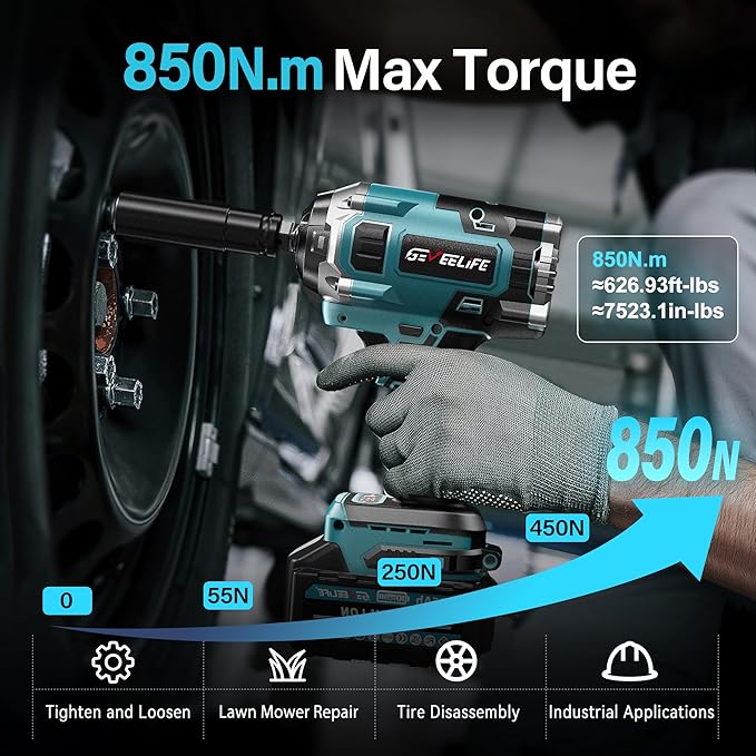 850N.m (3in1) Brushless Impact Wrench, 1/2" Cordless 640Ft-lbs Impact Gun w/ 2x 5.55Ah Battery, 2h Fast Charger & 6 Sockets, 3300RPM Power Impact Driver for Car/Home/Lawn Mower