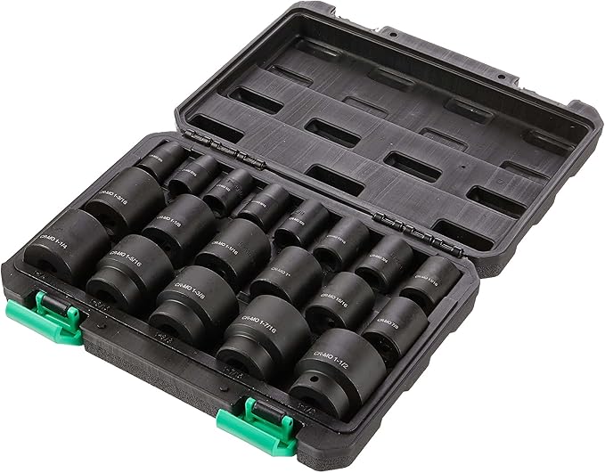 Amazon Basics 19-Piece 1/2-Inch Drive 6 Point Shallow Impact Socket Set, SAE Size With Carrying Case, 10.2" x 8.5" x 2.4"(Previously Denali brand)