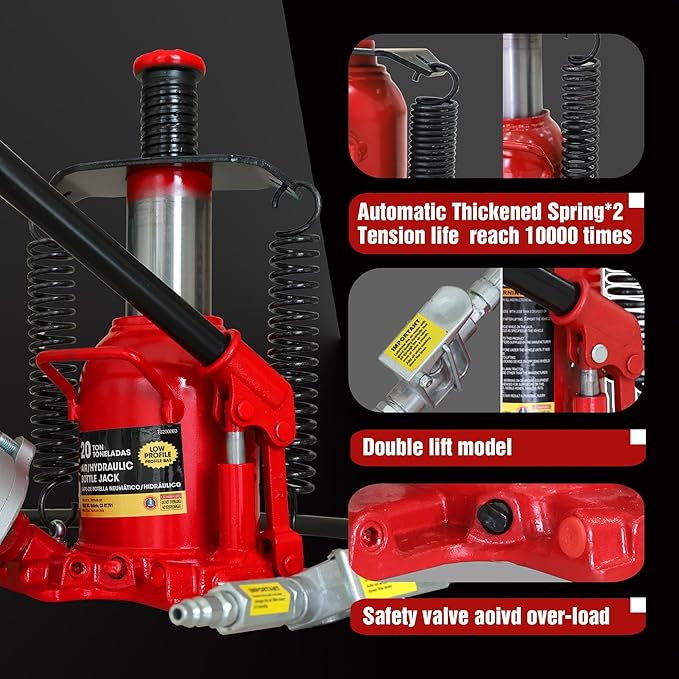 BIG RED TQ20006D-1 Torin Welded Low Profile Pneumatic Hydraulic Car Bottle Jack: Aluminum Alloy Pump and Unique Slow Release Equipment for Auto Repair and House Lift, 20 Ton (40,000 LBs) Capacity, Red