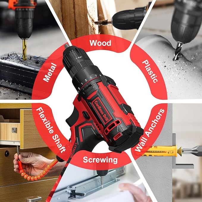 Cordless Drill, 20V Power Drill, Double 2000mAh Batteries Electric Drill, Cordless Drill with Battery and Charger, 3/8" Keyless Chuck Battery Drill with 25+1 Max 370 In-lb Torque, 42Pcs Drill Bits