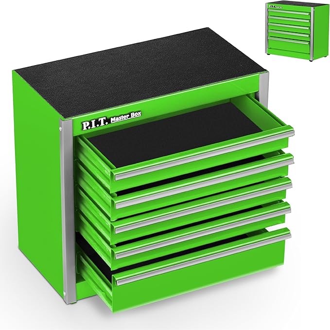 P.I.T. Mini Green Tool Box, Portable 5-Drawer Micro Roll Cab Steel Stackable Tool Box with Liner, Green Small Tool Case for Tools Storage and Organizers, Home DIY