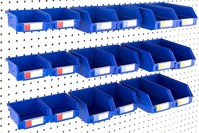 Pegboard Bins - Set of 18, Blue - Hooks to Any Peg Board - Organize Hardware, Accessories, Attachments, Workbench, Garage Storage, Craft Room, Tool Shed, Hobby Supplies, Small Parts