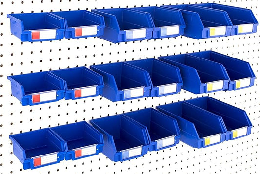 Pegboard Bins - Set of 18, Blue - Hooks to Any Peg Board - Organize Hardware, Accessories, Attachments, Workbench, Garage Storage, Craft Room, Tool Shed, Hobby Supplies, Small Parts