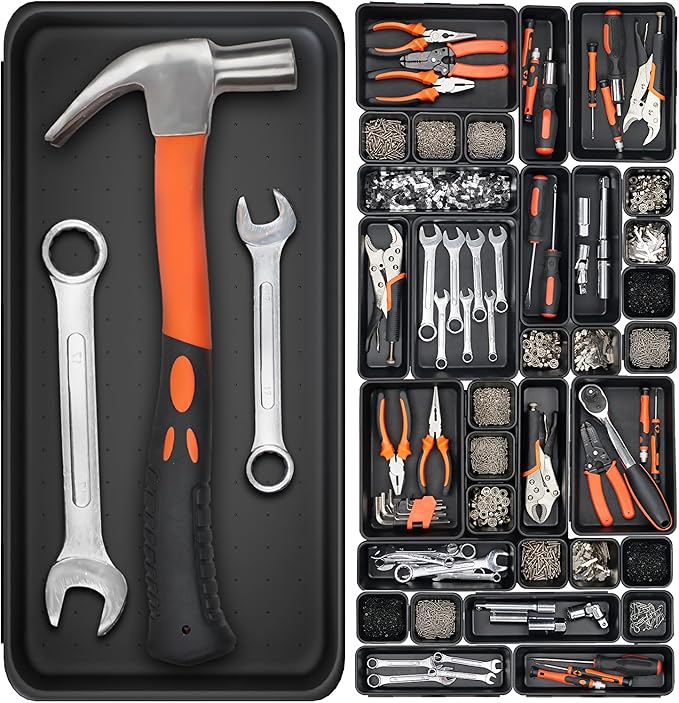 46 Pack 5-Sizes Large 12'' Tool Box Organizer Tray, Tool Box Organizers and Storage, for Hammer, Wrench, Screw, Small Parts Toolbox Organization, Tool Cart Chest Garage Drawer Organizer Tray, Black