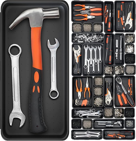 46 Pack 5-Sizes Large 12'' Tool Box Organizer Tray, Tool Box Organizers and Storage, for Hammer, Wrench, Screw, Small Parts Toolbox Organization, Tool Cart Chest Garage Drawer Organizer Tray, Black