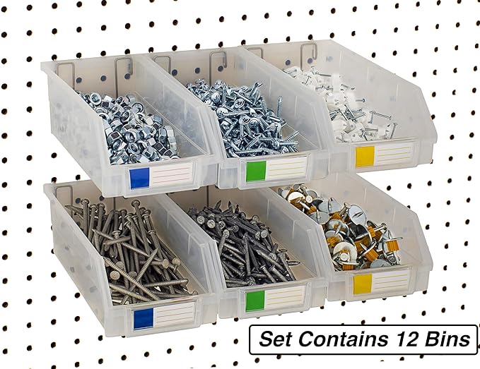 Pegboard Bins – 12 Pack Clear Extra Large - Hooks to Any Peg Board - Organize Hardware, Accessories, Attachments, Workbench, Garage Storage, Craft Room, Tool Shed, Hobby Supplies, Parts