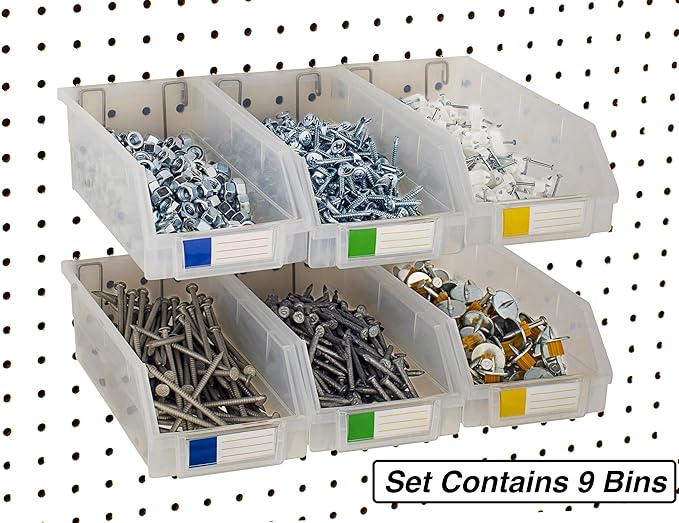 Pegboard Bins – 9 Pack Clear Extra Large - Hooks to Any Peg Board - Organize Hardware, Accessories, Attachments, Workbench, Garage Storage, Craft Room, Tool Shed, Hobby Supplies, Parts