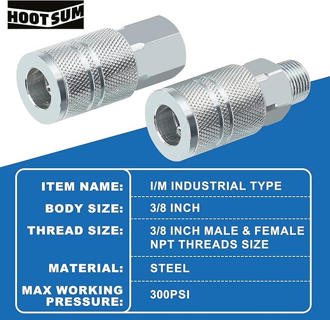 3/8’’ High Flow Air Hose Fittings Set, 3PCS 3/8 Body I/M Industrial Air Coupler and 8PCS 3/8 Body Air Plug with 1/4 Inch NPT Threads Size, 12PCS Air Compressor Accessories Quick Connect Set