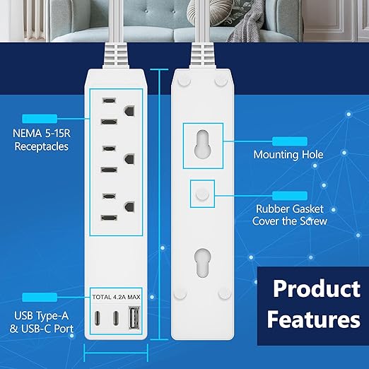 LIDER Outlet Extender with 3 Receptacles, USB Type-A, and 2 USB Type-C Port, Ultra-Thin Flat-Plug with Cord Extender, 3-Outlet Power Strip, Slim Angled Design, Modern, 5ft Cord, White, 2 Pack
