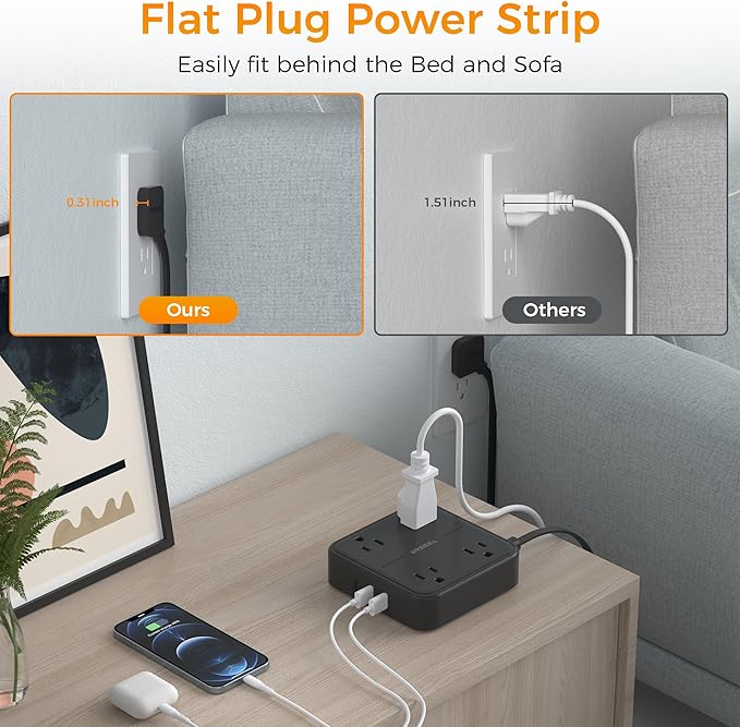 Black Flat Extension Cord 10 FT, TESSAN Power Strip 10 Feet with 4 Widely Outlets 3 USB Wall Charger (1 USB C), Ultra Thin Long Extension Cord Mountable for Indoor, Office, Dorm Essentials