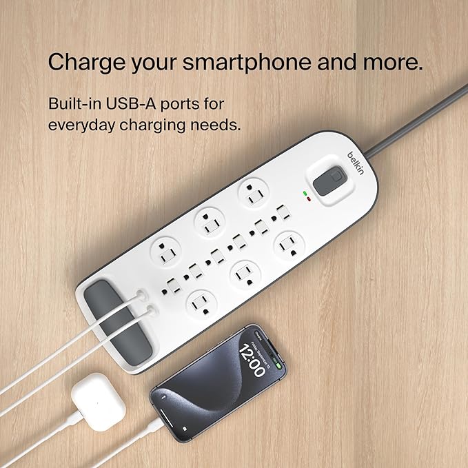 Belkin USB Power Strip Surge Protector - 12 AC Multiple Outlets & 2 USB Ports - 6 ft Long Flat Plug Extension Cord for Home, Office, Travel, Computer Desktop & Charging Brick - White (3,996 Joules)