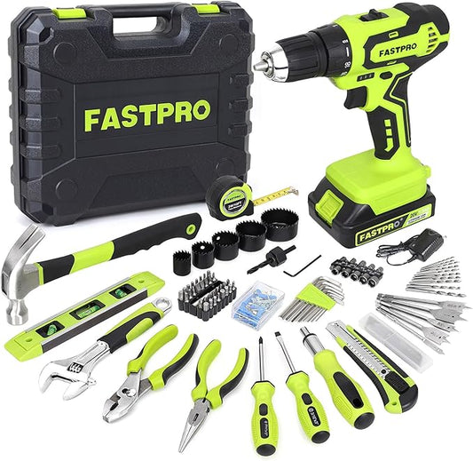 FASTPRO 177-Piece 20V Cordless Lithium-ion Drill Driver and Home Tool Set, Household Repairing Kit with in Storage Case, Green