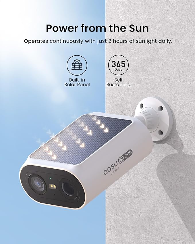AOSU Solar Security Cameras Wireless Outdoor, 2Mins DIY Installation 2K Color Night Vision Cameras for Home Security, Requires Homebase, Homebase Supports Up to 4 Cams