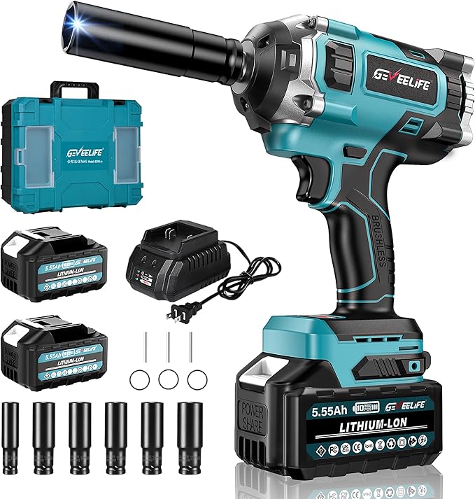 850N.m (640Ft-lbs) Brushless Impact Wrench, 1/2" Cordless Impact Gun w/ 2x 5.55Ah Battery, 2h Fast Charger & 6 Sockets, 3300RPM Power Impact Driver for Car/DIY Furniture/Lawn Mower