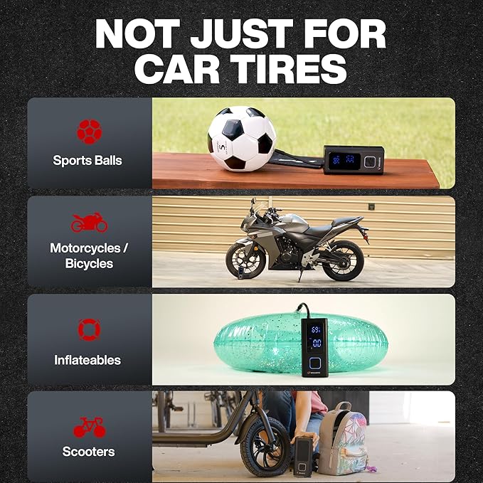 POCKET AIR Car Tire Inflator Portable Air Compressor by Bullseye Pro, Rechargeable 4000MAH Portable Tire Inflator for Car, Inflatables, Ball, Lightweight Air Pump Portable with LED Pressure Gauge