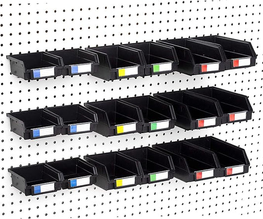 Pegboard Bins - Set of 18, Black - Hooks to Any Peg Board - Organize Hardware, Accessories, Attachments, Workbench, Garage Storage, Craft Room, Tool Shed, Hobby Supplies, Small Parts…