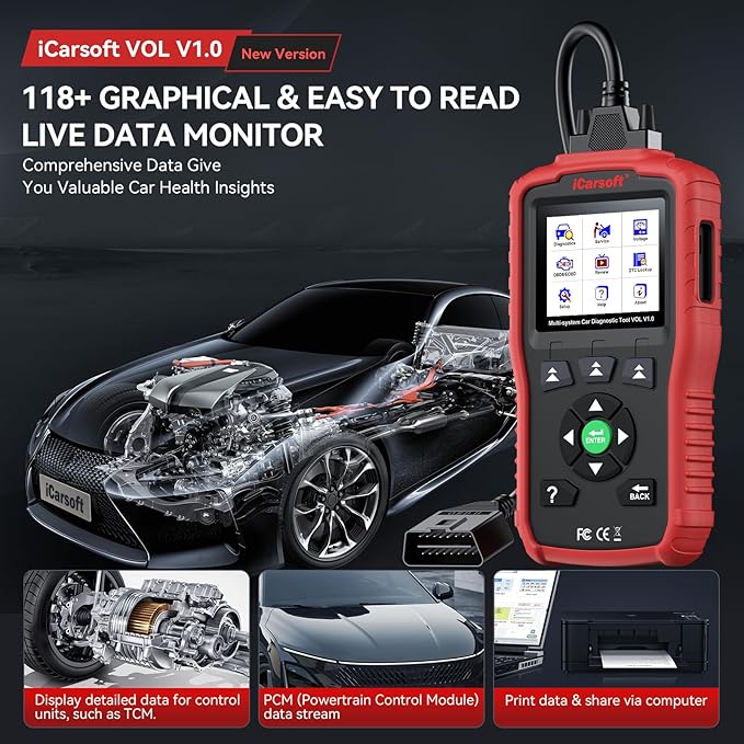 iCarsoft OBD2 Scanner for Volvo/Saab, VOL V1.0 All Systems in-Depth Diagnostic Tool, Oil/SAS Reset/Live Data, ABS Airbag Engine Transmission Code Reader 10 OBD2/EOBD/CAN Scan Tool