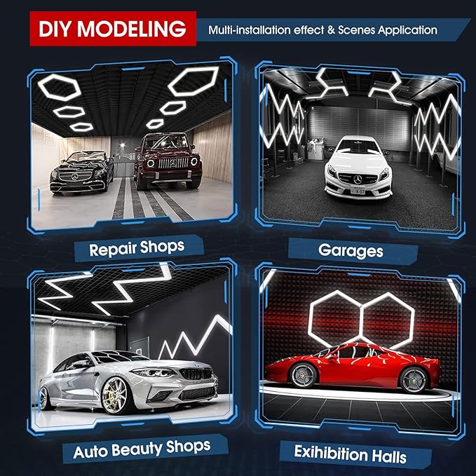 12-Pack LED Hexagon Garage Light: 12700LM Car Detailing Shop Light, DIY Splicing Ceiling & Wall Decor Lights, for Workshop Basement Gym Warehouse Bar Gaming Room (12-Packs)