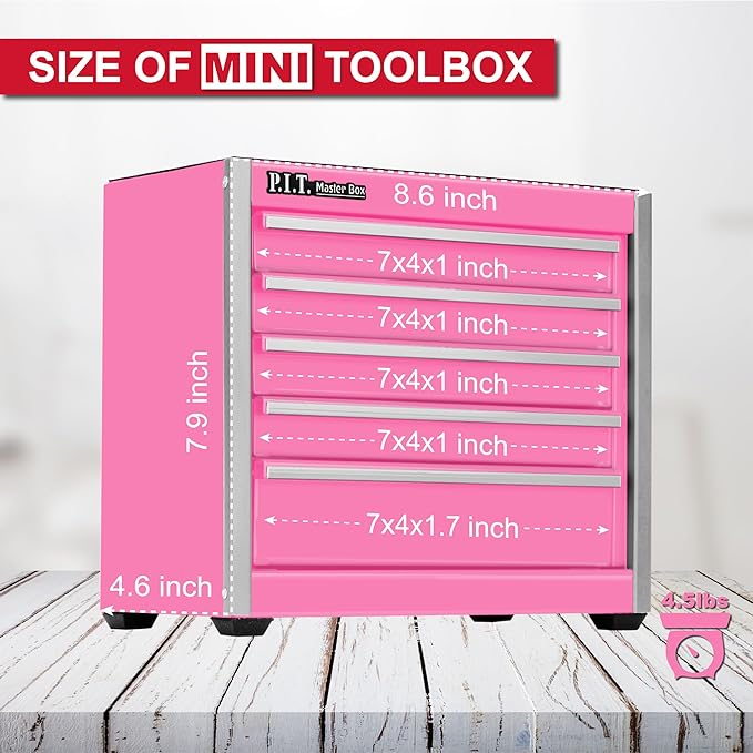P.I.T. Mini Pink Tool Box, Portable 5-Drawer Micro Roll Cab Steel Stackable Tool Box with Liner, Pink Small Tool Case for Tools Storage and Organizers, Home DIY