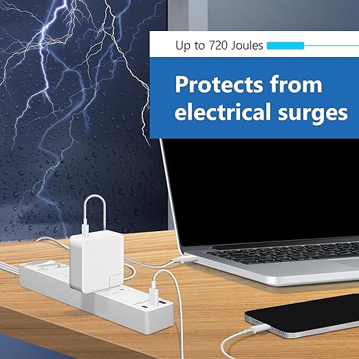 LIDER Outlet Extender with 4 Receptacles, USB Type-A and 2 USB Type-C, Ultra-Thin Flat-Plug with Cord Extender, 4-Outlet Power Strip, Slim Angled Design, Surge Protector, 720 Joules, 5ft Cord, White