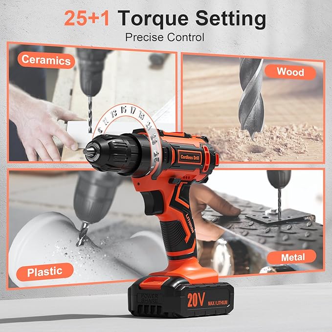 Cordless Drill Set, 20V Power Drill with Battery 2.0Ah and Charger, 3/8-Inch Keyless Chuck Electric Drill, 25+1 Position, 42pcs Drill Driver Bits/Screws for DIY Projects (Orange)