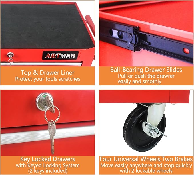 Rolling Tool Chest Metal Tool Box with Wheels Tool Cabinet Craftsman Tool Cart on Wheels Tool Box Portable Tool Box with Wheels 7 Drawers Multifunctional Tool Cart with Wheels, Red