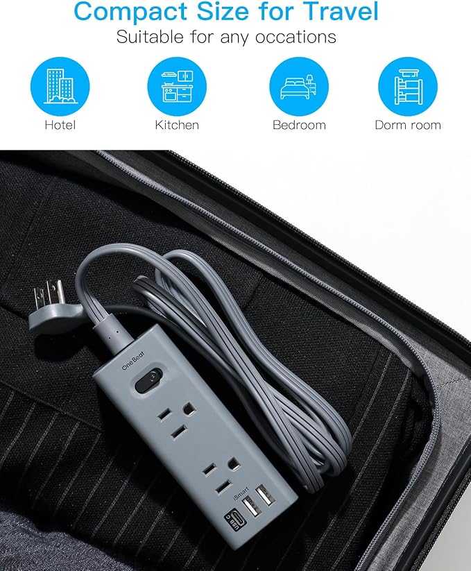 5Ft Extension Cord with Multiple Outlets, Flat Plug Power Strip Surge Protector with 5 Ft Long Cord, 6 Outlet 3 USB Ports (1 USB C), Multi Outlet Wall Plug for Travel, Dorm Room Essentials-Grey
