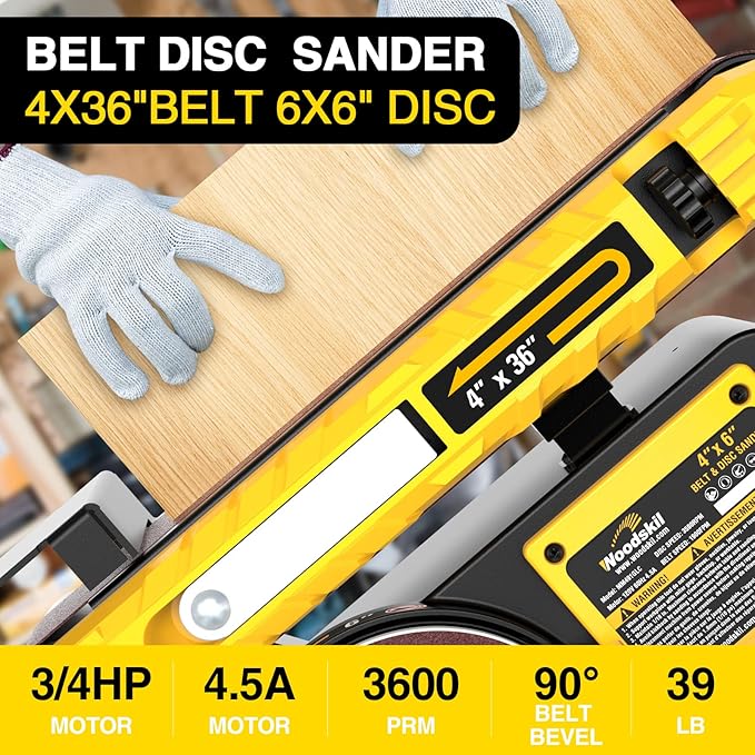 4.5-Amp Belt Disc Sander Combo, 4 x 36 in. Belt and 6 in. Disc Sander with 3/4HP Motor, Belt Sander for Woodworking with Base, Bench Sander Upgraded Model