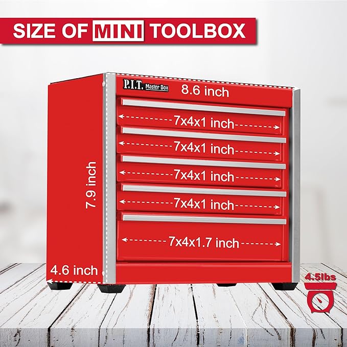 P.I.T. Mini Red Tool Box, Portable 5-Drawer Micro Roll Cab Steel Stackable Tool Box with Liner, Red Small Tool Case for Tools Storage and Organizers, Home DIY