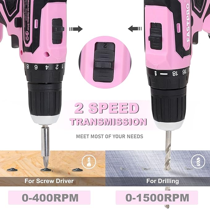 FASTPRO 177-Piece 20V Pink Cordless Lithium-ion Drill Driver and Home Tool Set, Lady's Home Repairing Tool Kit with Drill in Tool Storage Case