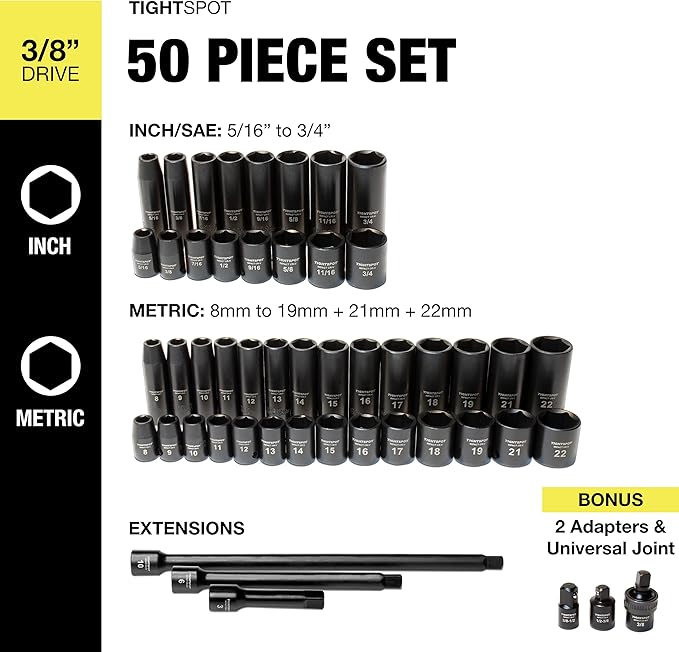 TIGHTSPOT 3/8" Drive 50pc Impact Socket PRO SET, our Most Popular Set Ever with SAE & Metric from 5/16 Inch - 3/4 Inch, 8mm-19mm + 21mm + 22mm, Standard/Deep Sockets, Extension Bars, Adapters & More